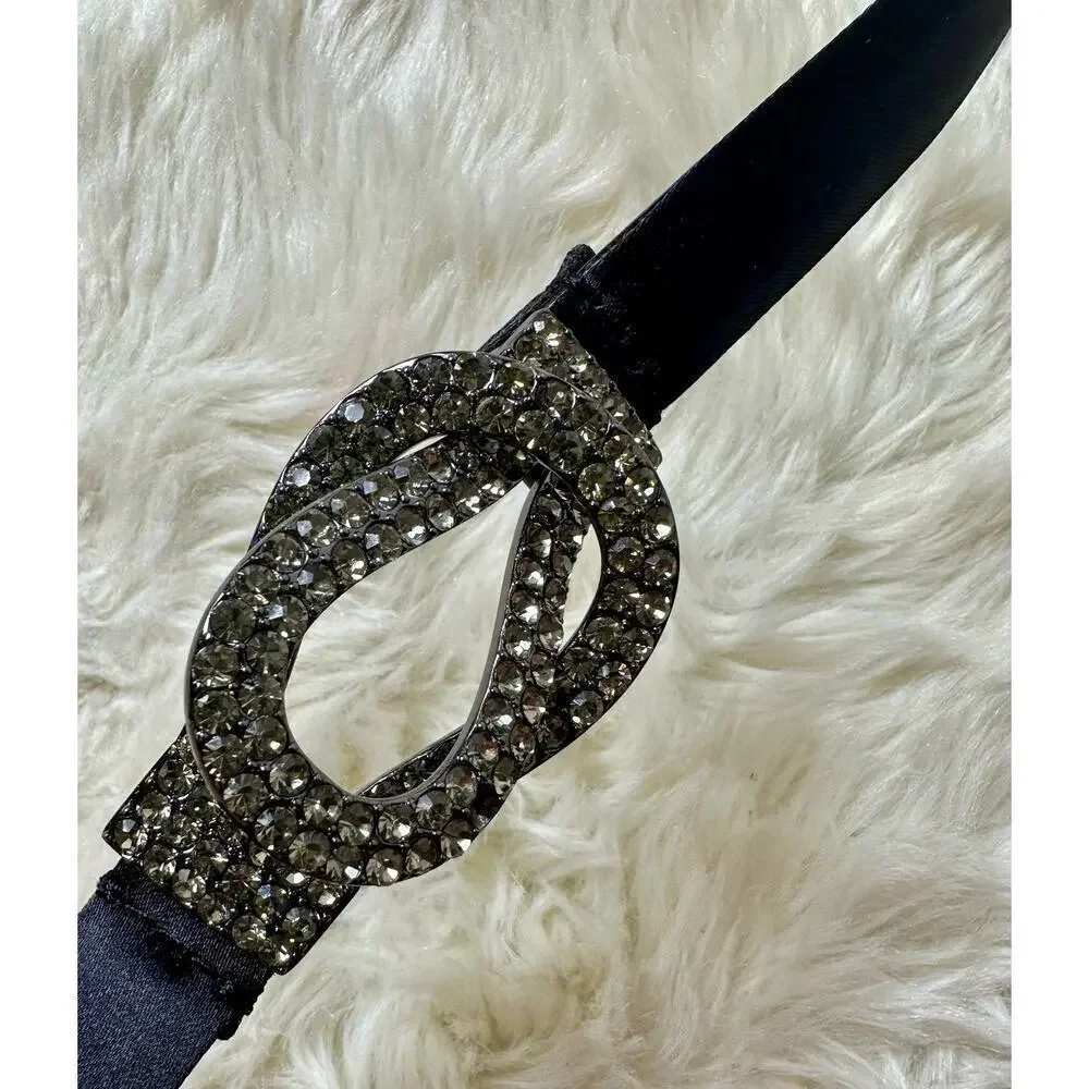 Talbots Black Leather Belt with Rhinestone Infinity Buckle